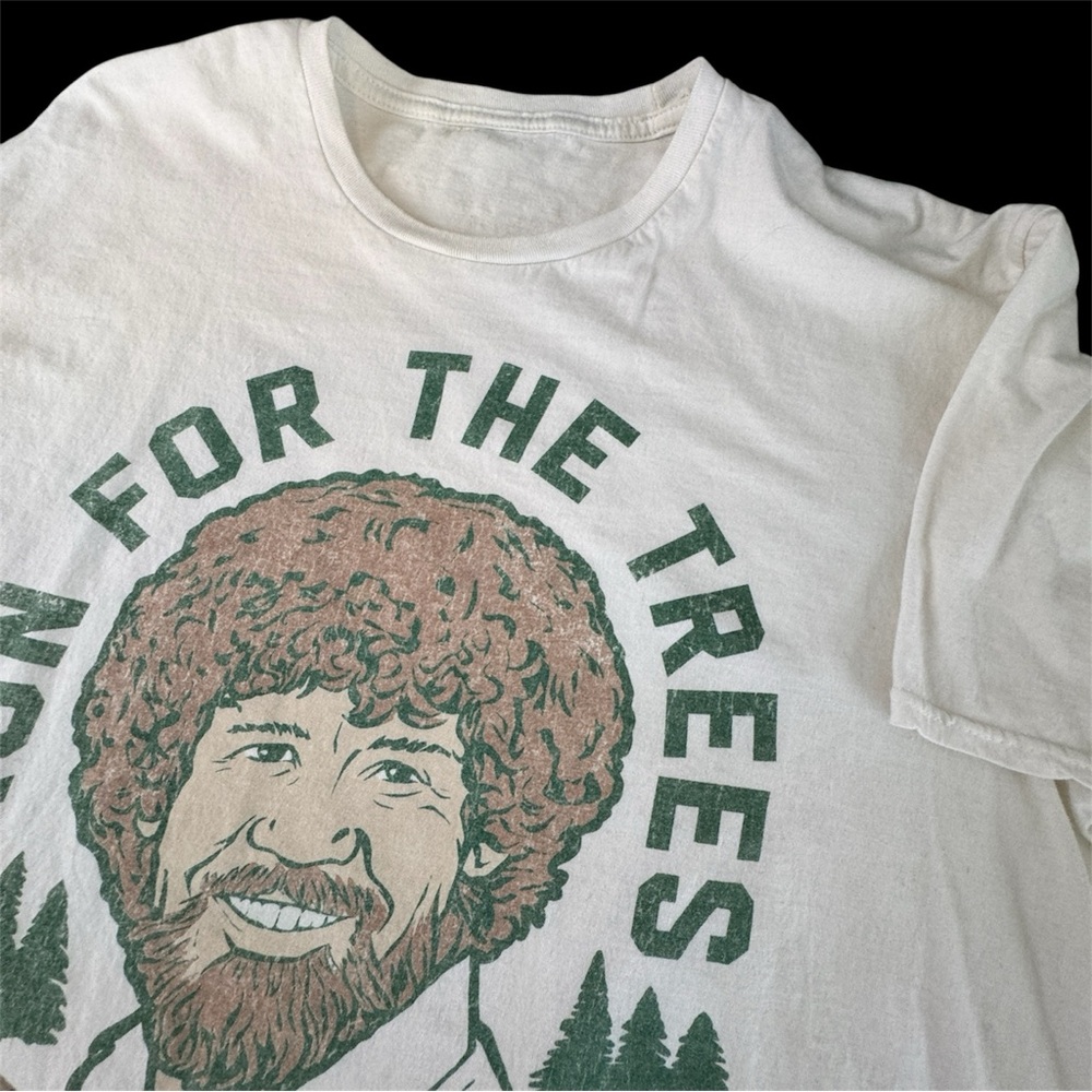 Bob Ross T Shirt Run for the Trees Mens White XL Green & White StreetWear Hip